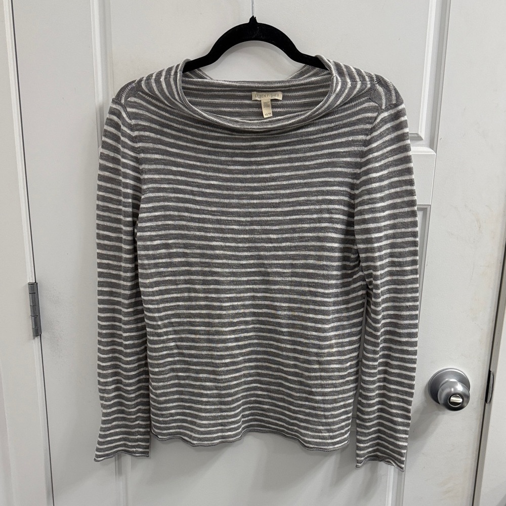 Eileen Fisher XS Gray Striped Linen‎ Blend Cowl Neck Top